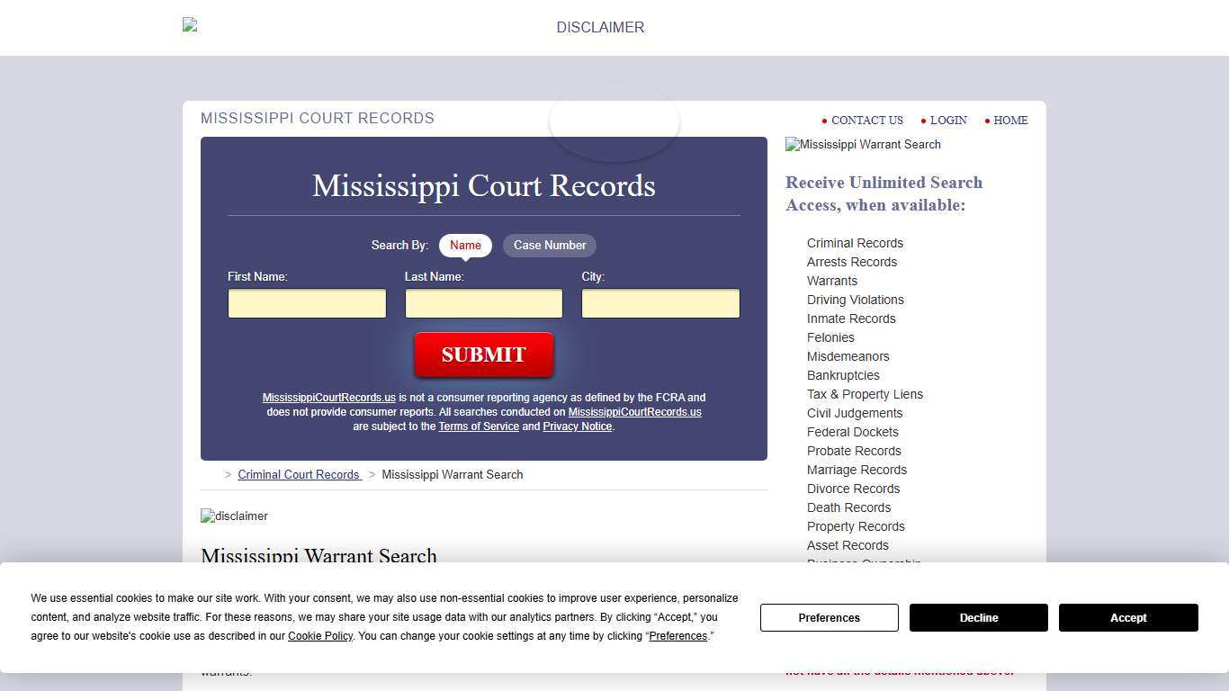 Mississippi Warrant Search MississippiCourtRecords.us