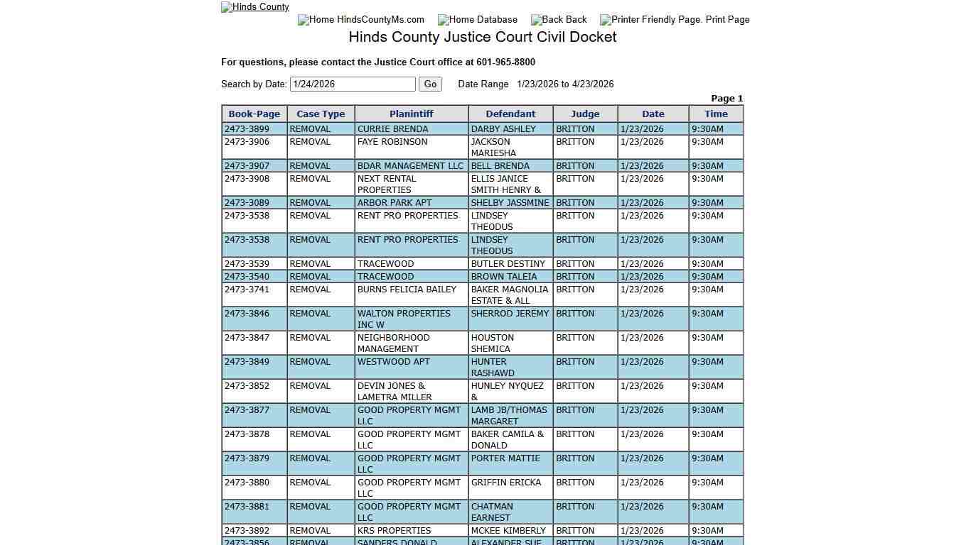 Hinds County Justice Court Civil Docket